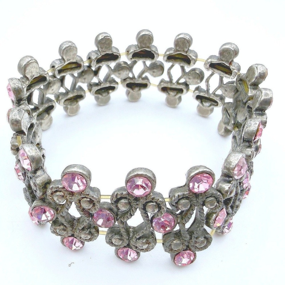 Vintage Silver Tone Pink Rhinestone Floral Link Bracelet Dainty Princess Y2K 90s